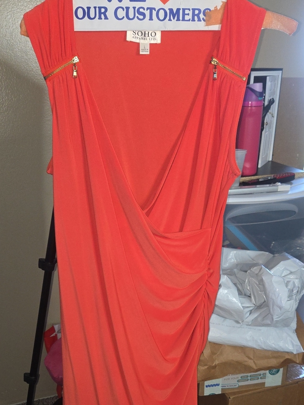 SOHO Coral-Red Draped Sleeveless Dress with Gold Zipper Accents